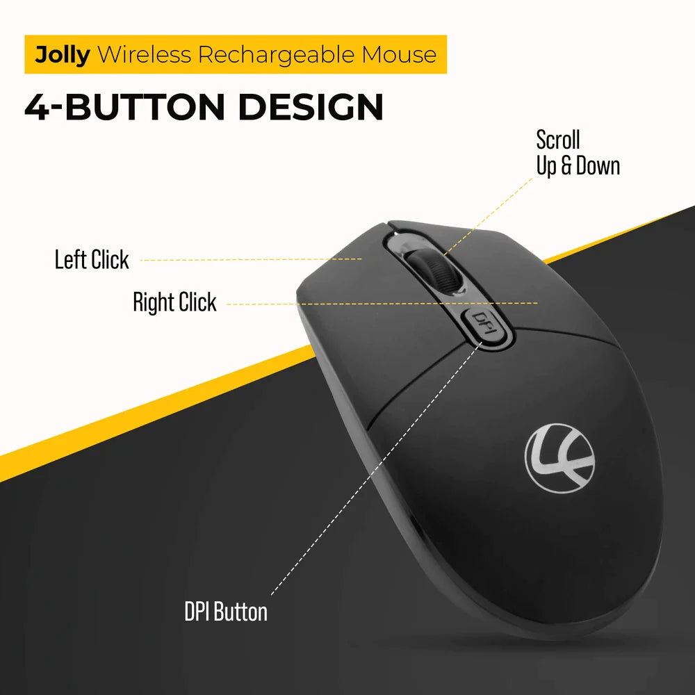 Lapcare Jolly LMW-111 Wireless Rechargeable Mouse with 4 Durable Keys and DPI Upto 1600 Ergonomic Shape, Black