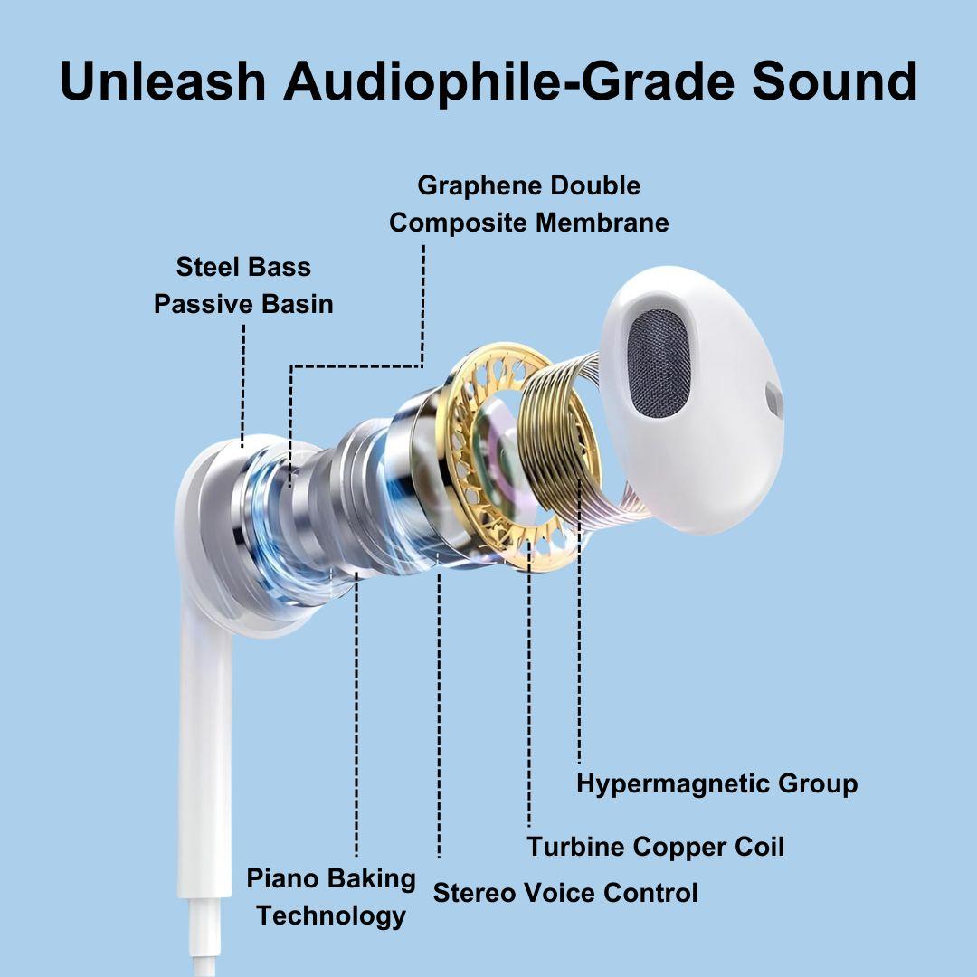 Champion Type-C Wired Earphones with Mic & Volume Control - Compatible with iPhone, iPad Pro, Android Phones (White)