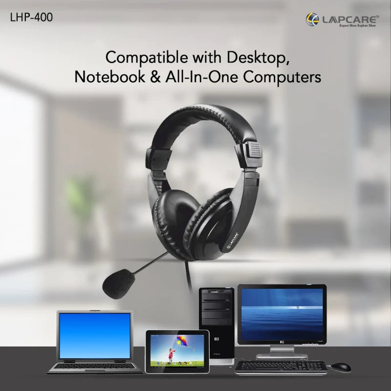 LAPCARE LHP-400 Over Ear Wired Headphone with 40 MM Driver, HD Sound,3 Way Adjustable Mic (Black)