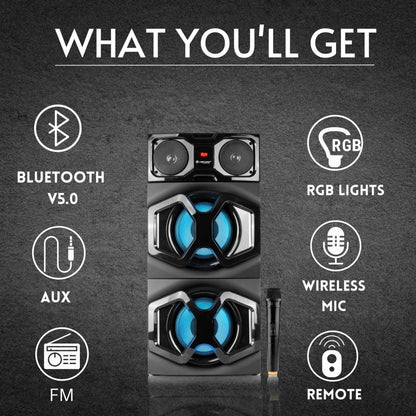 LAPCARE Beast LTS300 120 Watt, Tower Speaker,Bluetooth,Aux,USB,FM,RGB Lights,Wireless Mic with Remote (Black)