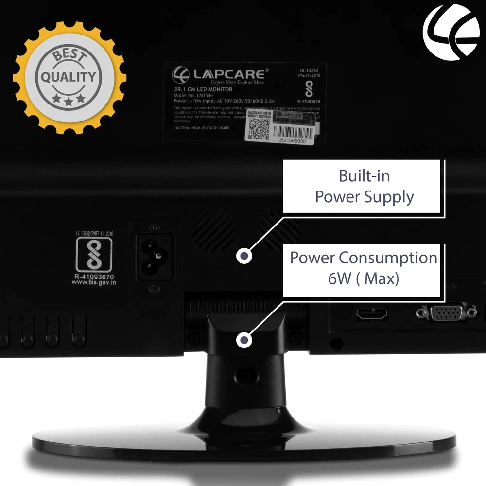 Lapcare LED Monitor - 15.4-inch 39.1CM - VGA & HDMI