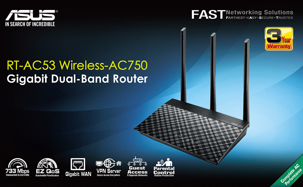 ASUS RT-AC53 AC750 Dual Band WiFi Router with high Power Design (Black)