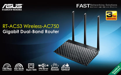 ASUS RT-AC53 AC750 Dual Band WiFi Router with high Power Design (Black)