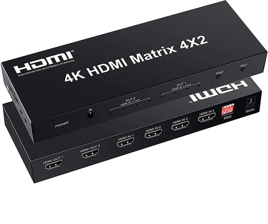 HDMI Matrix 4x2 Switch, 4 in 2 Out Matrix HDMI Video Switcher Splitter +Optical & L/R Audio Output,Support Ultra HD 4K x 2K,3D 1080P,Audio EDID Extractor with IR Remote Control & Power Adapter