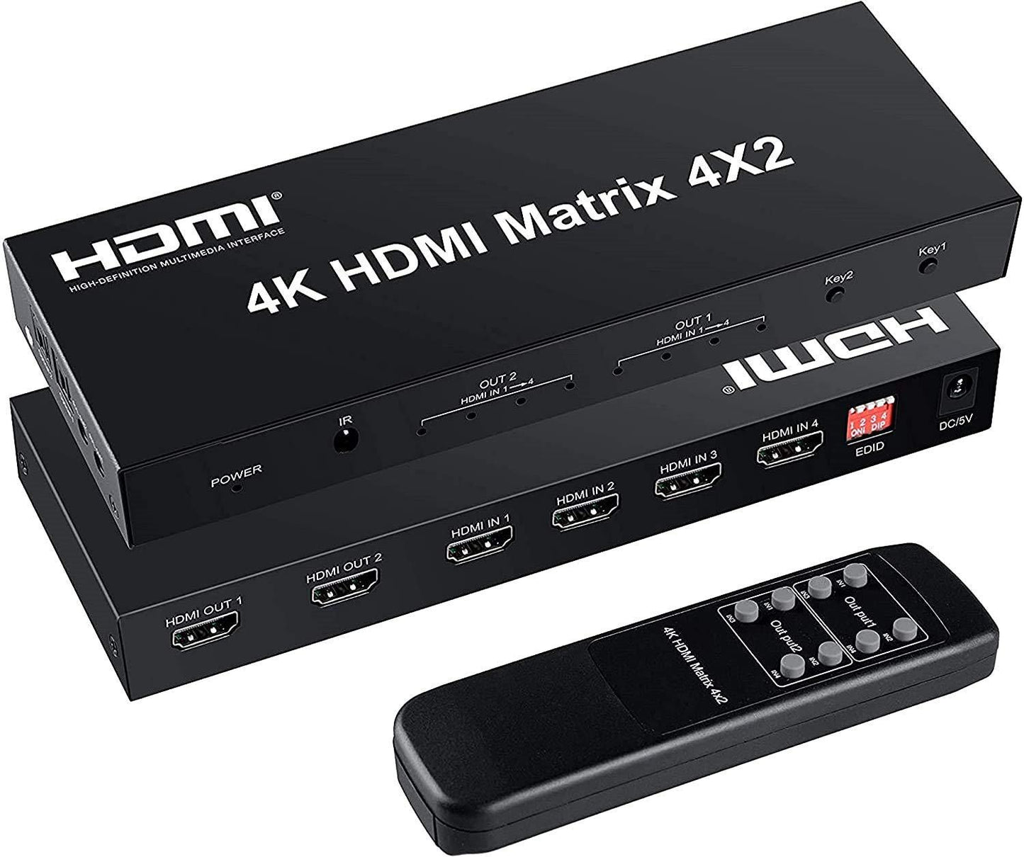 HDMI Matrix 4x2 Switch, 4 in 2 Out Matrix HDMI Video Switcher Splitter +Optical & L/R Audio Output,Support Ultra HD 4K x 2K,3D 1080P,Audio EDID Extractor with IR Remote Control & Power Adapter
