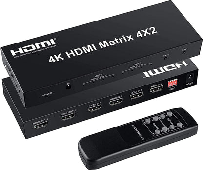 HDMI Matrix 4x2 Switch, 4 in 2 Out Matrix HDMI Video Switcher Splitter +Optical & L/R Audio Output,Support Ultra HD 4K x 2K,3D 1080P,Audio EDID Extractor with IR Remote Control & Power Adapter