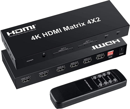HDMI Matrix 4x2 Switch, 4 in 2 Out Matrix HDMI Video Switcher Splitter +Optical & L/R Audio Output,Support Ultra HD 4K x 2K,3D 1080P,Audio EDID Extractor with IR Remote Control & Power Adapter