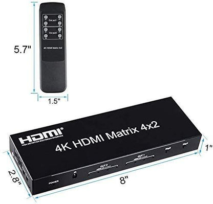HDMI Matrix 4x2 Switch, 4 in 2 Out Matrix HDMI Video Switcher Splitter +Optical & L/R Audio Output,Support Ultra HD 4K x 2K,3D 1080P,Audio EDID Extractor with IR Remote Control & Power Adapter