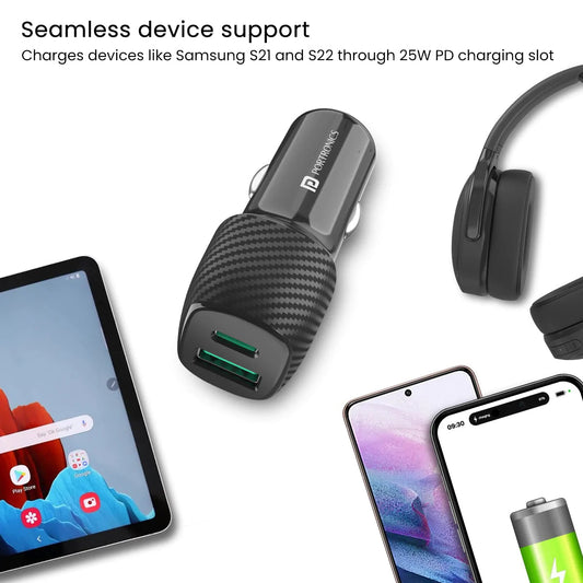 Portronics 43W Car Power 13 Fast Car Charger with Dual Output, 43 Watts Max (25W Type-C PD + 18W USB), Fast Charging, Adapter Compatible with Most Cars & Cellular Phones (Black)