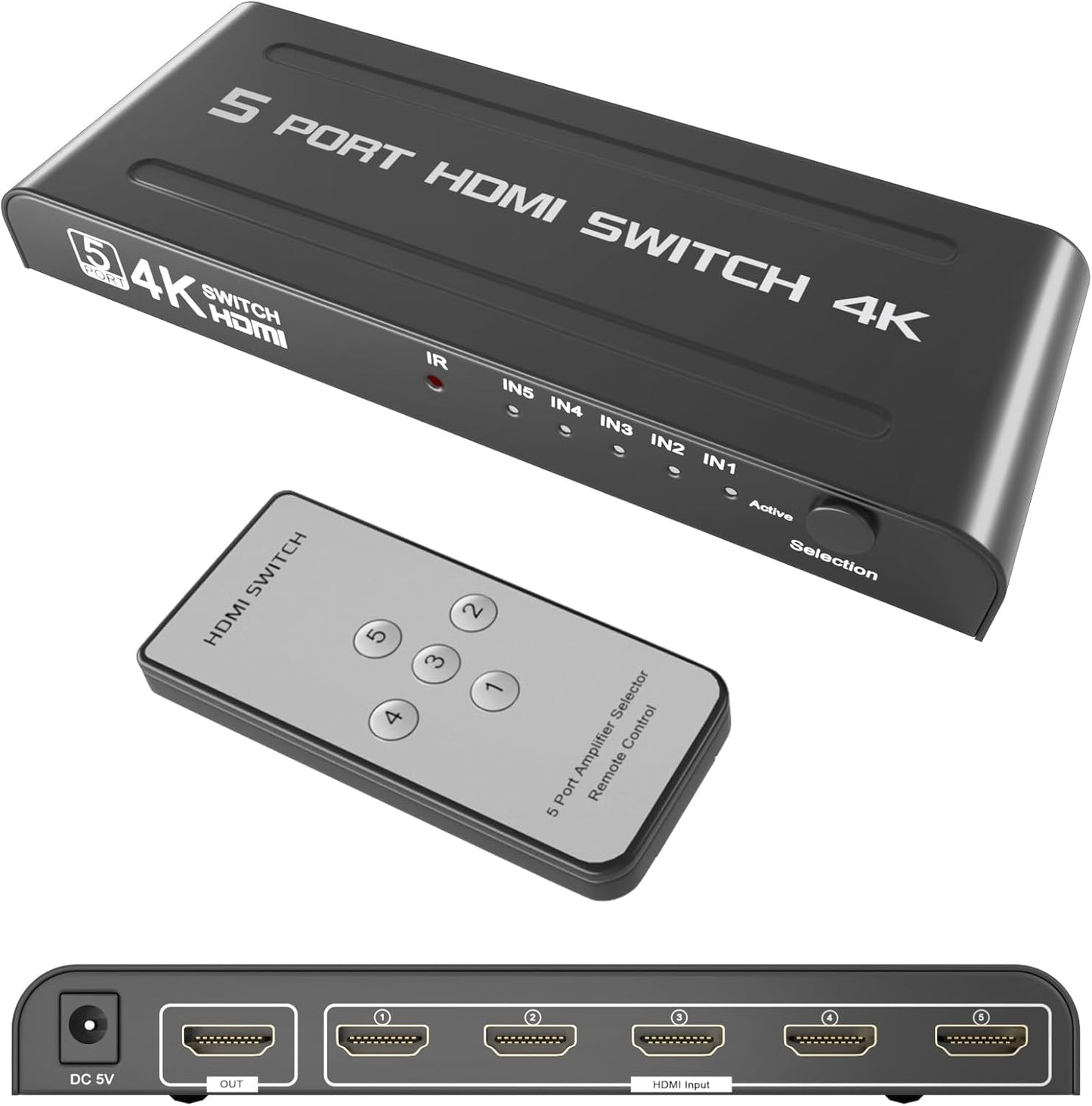 HDMI 4K 5 Port Ultra HD 3D HDMI Switcher 5 Input 1 Output Switch 4K x 2K 1080P Media Streaming Device (Black)
