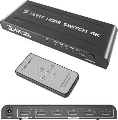 HDMI 4K 5 Port Ultra HD 3D HDMI Switcher 5 Input 1 Output Switch 4K x 2K 1080P Media Streaming Device (Black)
