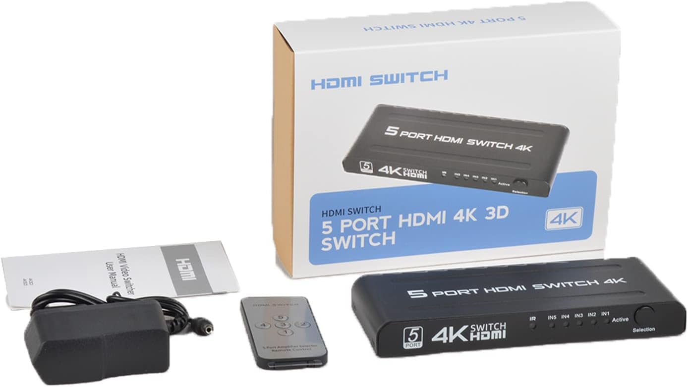 HDMI 4K 5 Port Ultra HD 3D HDMI Switcher 5 Input 1 Output Switch 4K x 2K 1080P Media Streaming Device (Black)