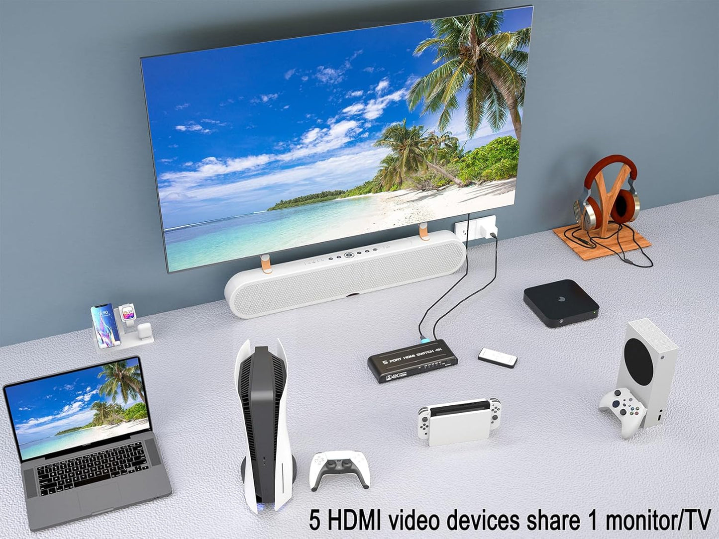 HDMI 4K 5 Port Ultra HD 3D HDMI Switcher 5 Input 1 Output Switch 4K x 2K 1080P Media Streaming Device (Black)