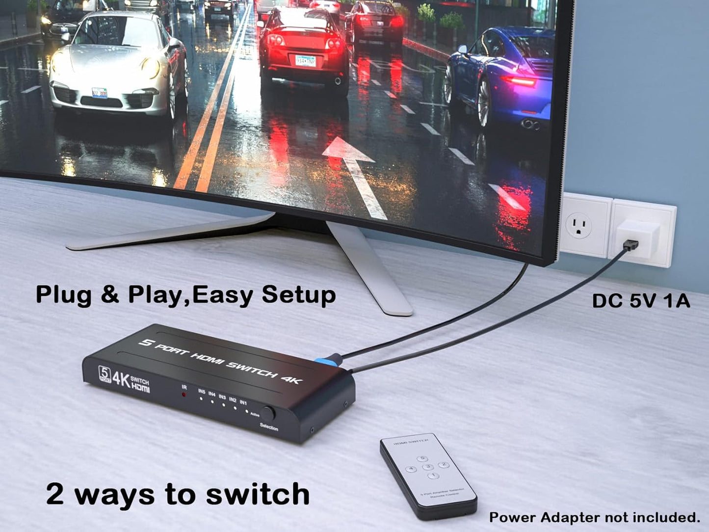 HDMI 4K 5 Port Ultra HD 3D HDMI Switcher 5 Input 1 Output Switch 4K x 2K 1080P Media Streaming Device (Black)