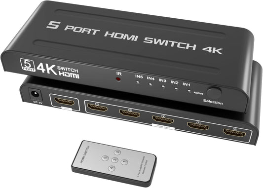 HDMI 4K 5 Port Ultra HD 3D HDMI Switcher 5 Input 1 Output Switch 4K x 2K 1080P Media Streaming Device (Black)