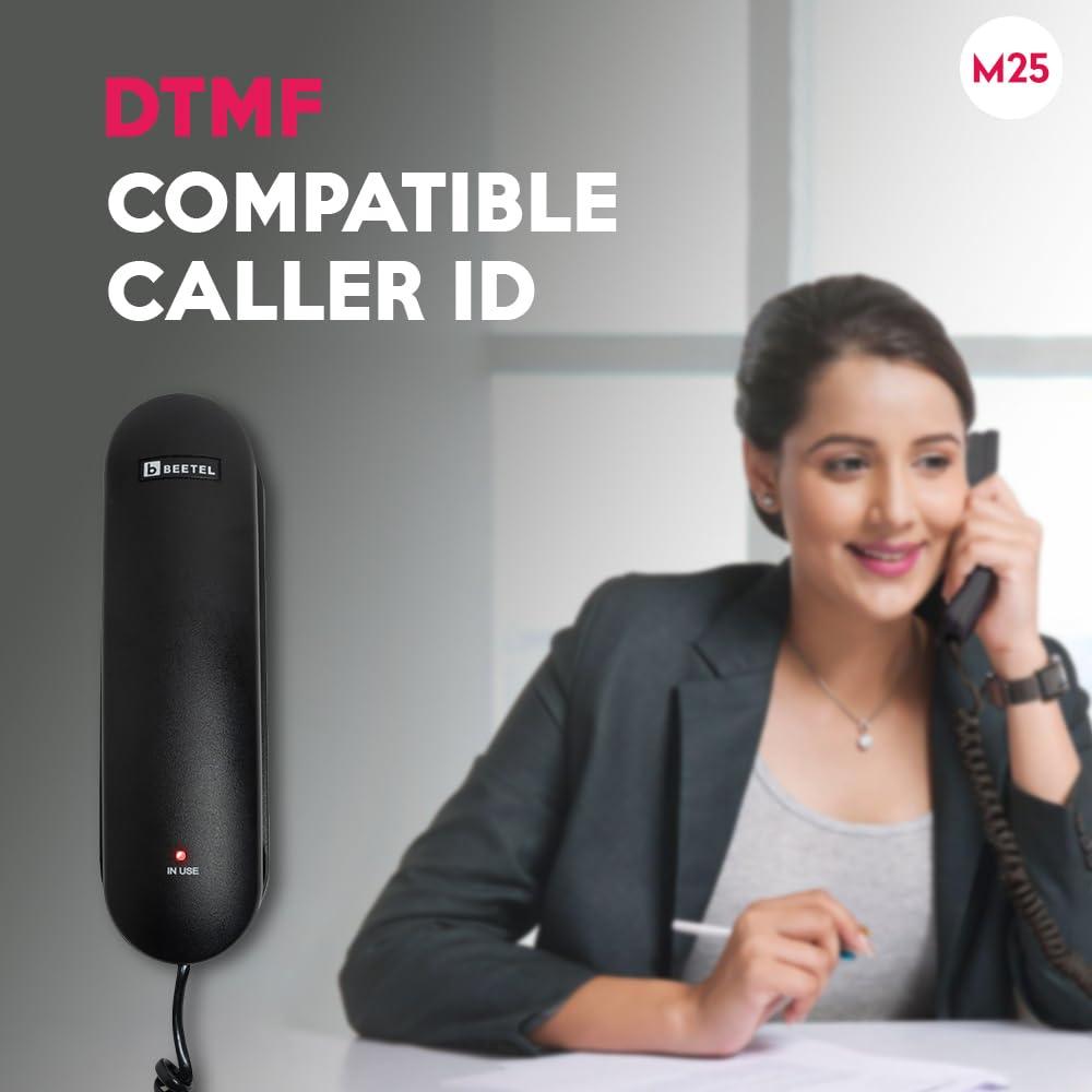 Beetel M25 Ultra Compact Caller ID Slim Line Landline,Numeric Display, Desk/Wall Mounted,12 Digit LCD,FSK/DTMF compatible,Ringer volume control,LED indication (Black )