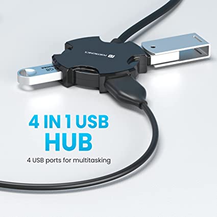 Portronics Mport 4C USB Hub (4-in-1) with 4 x USB 2.0 Ports, 1.2M Long Cable and up to 480 Mbps High-Data Transfer Speeds (Black)
