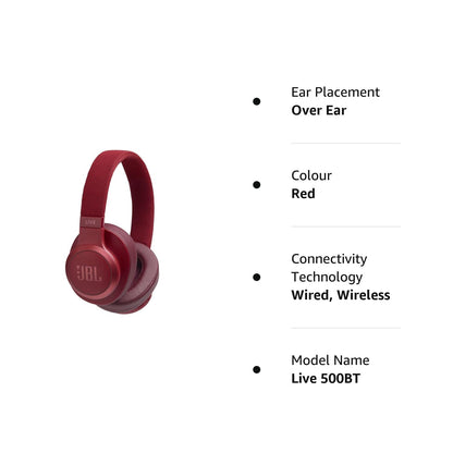 JBL Live 500BT, Wireless Over Ear Headphones with Mic,Dual Pairing, AUX,Built-in Alexa & Google Assistant (Red)