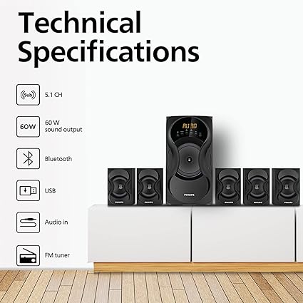 Philips SPA5162B 60W 5.1 Channel Wired Speaker System, Black