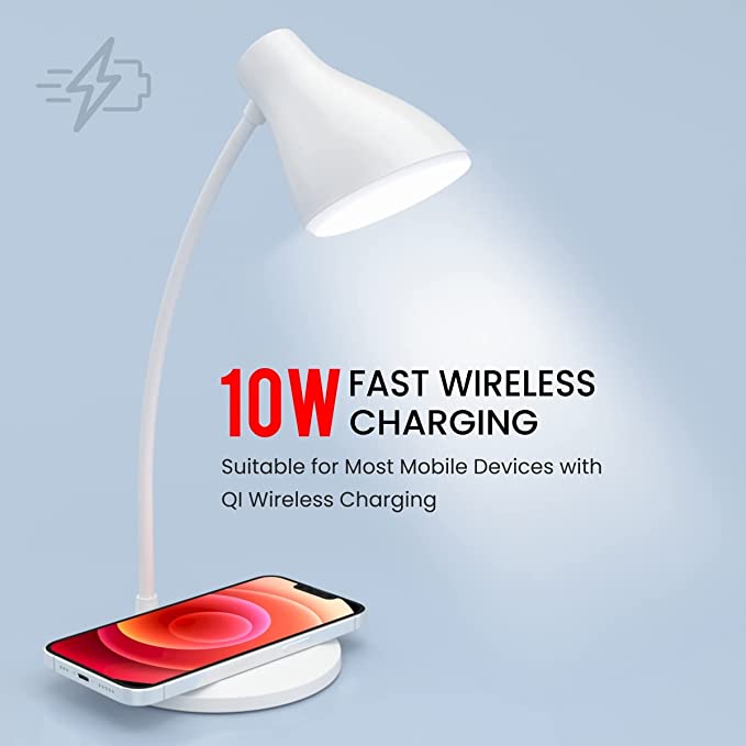 Portronics Brillo 3 Portable Lamp with Wireless Charger with 10W Output, 360Â° Flexible Neck, Touch Control, Dual Lamp Shades (White)