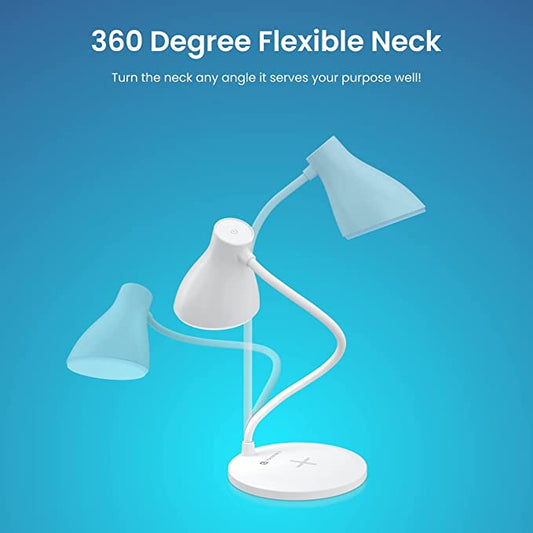Portronics Brillo 3 Portable Lamp with Wireless Charger with 10W Output, 360° Flexible Neck, Touch Control, Dual Lamp Shades (White)