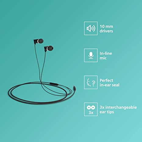 PHILIPS TAE1136 Wired in Ear Earphones with Built in Mic (Black)