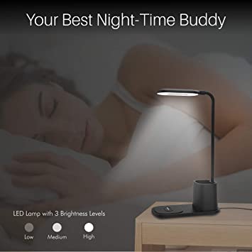 Portronics Brillo II Lamp with Wireless Charging, Pen Holder, LED Indicator (Black)