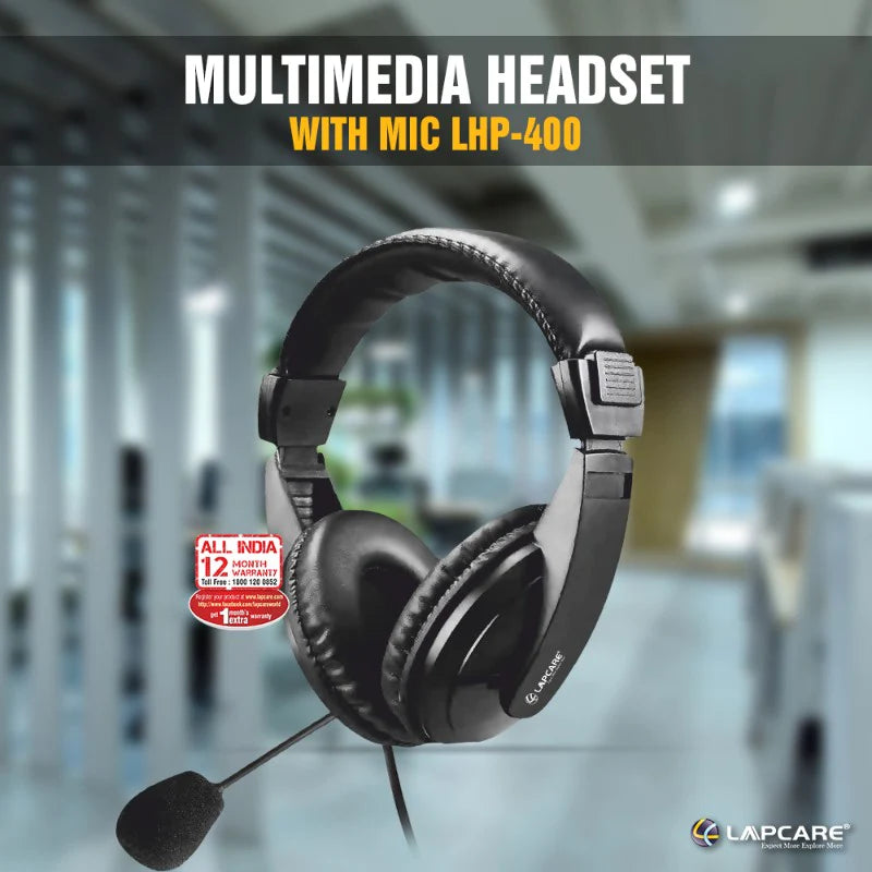 LAPCARE LHP-400 Over Ear Wired Headphone with 40 MM Driver, HD Sound,3 Way Adjustable Mic (Black)