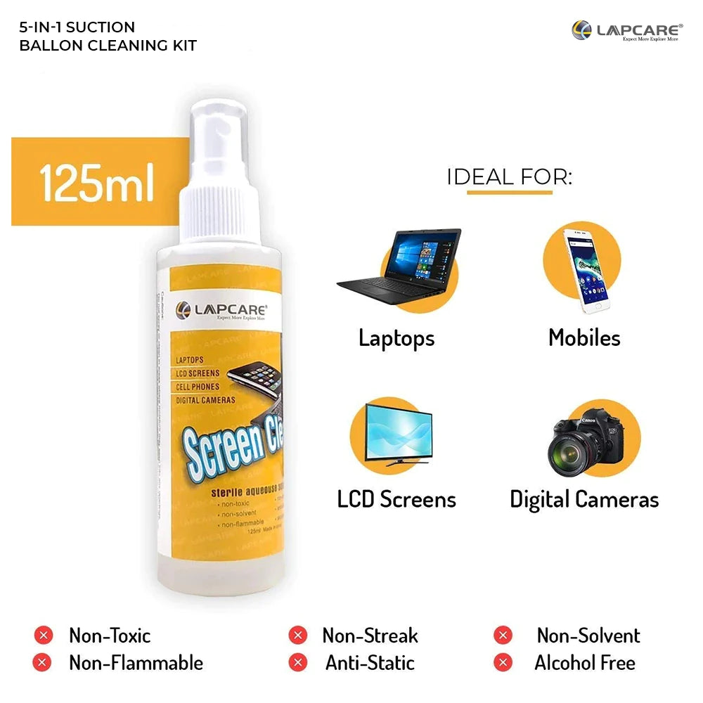 LAPCARE 5in1 Screen Cleaning Kit with Suction Balloon for PC,Monitors, Mobiles, LCD, LED, TV,Prevents Static Electricity,125ml with Micro Fiber Cloth & Compact Brush