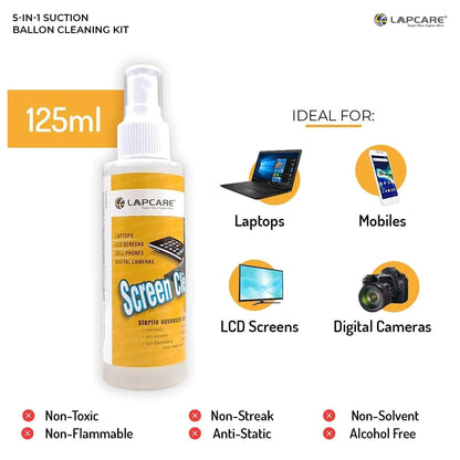 LAPCARE 5in1 Screen Cleaning Kit with Suction Balloon for PC,Monitors, Mobiles, LCD, LED, TV,Prevents Static Electricity,125ml with Micro Fiber Cloth & Compact Brush