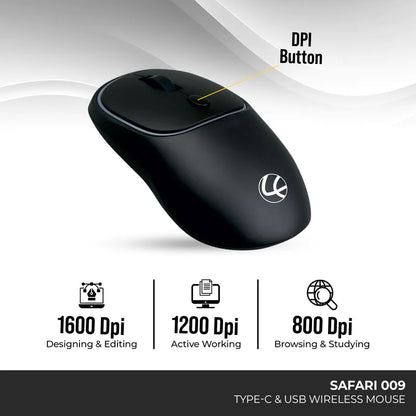 LAPCARE Safari 009 Type-C & USB Wireless Mouse | 10M Wireless Range | 2.4GHz/1600 DPI | Ambidextrous Design | Compatible With PC/Mac/Laptop (Black)