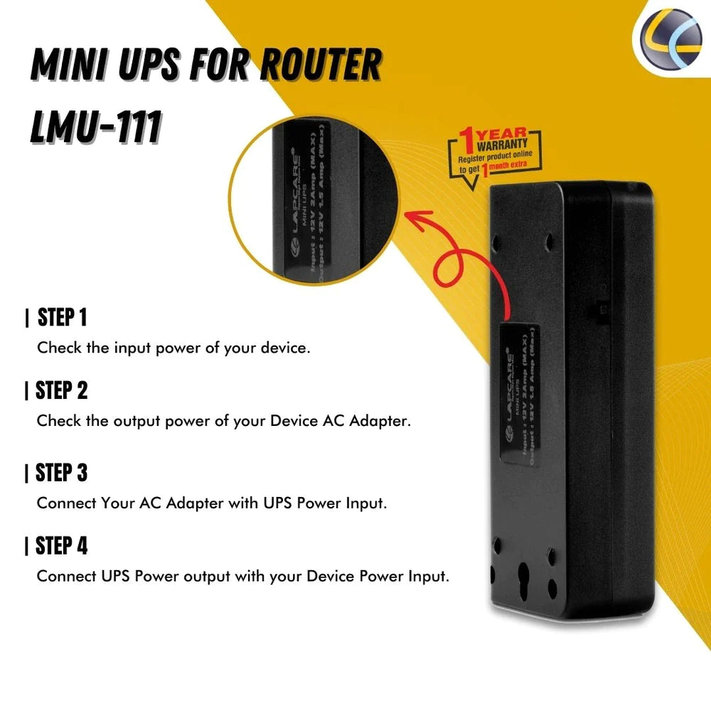 LAPCARE Mini UPS for 12V WiFi Router Broadband Modem | Backup Upto 4 Hours | Current Surge & Deep Discharge Protection