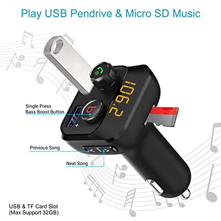 Portronics AUTO 10 Bluetooth - FM Transmitter in-Car Radio Adapter 3.4A Dual USB Fast Charger (Black)