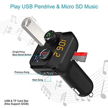 Portronics AUTO 10 Bluetooth - FM Transmitter in-Car Radio Adapter 3.4A Dual USB Fast Charger (Black)