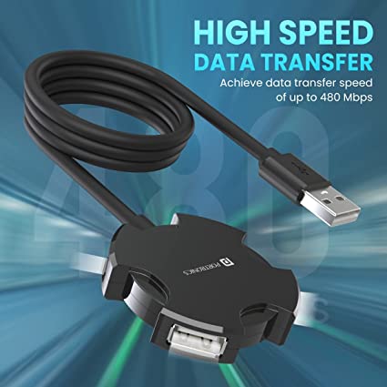 Portronics Mport 4C USB Hub (4-in-1) with 4 x USB 2.0 Ports, 1.2M Long Cable and up to 480 Mbps High-Data Transfer Speeds (Black)