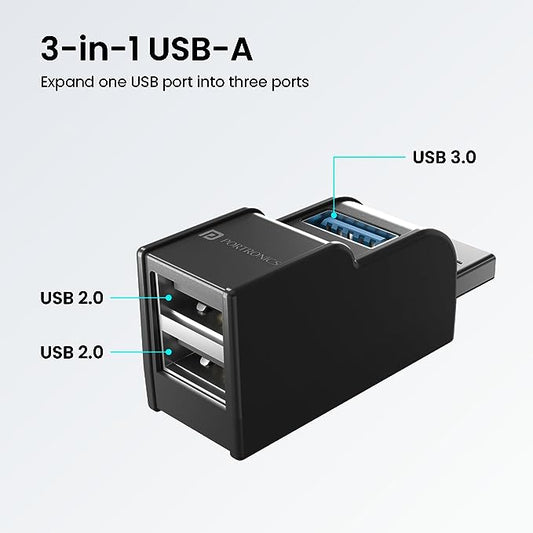Portronics Mport 3A USB Hub (3-in-1), Multiport Adapter with USB 3.0,2.0 & 2-Port, Upto 5 Gbps Data Transfer Speed (Black)