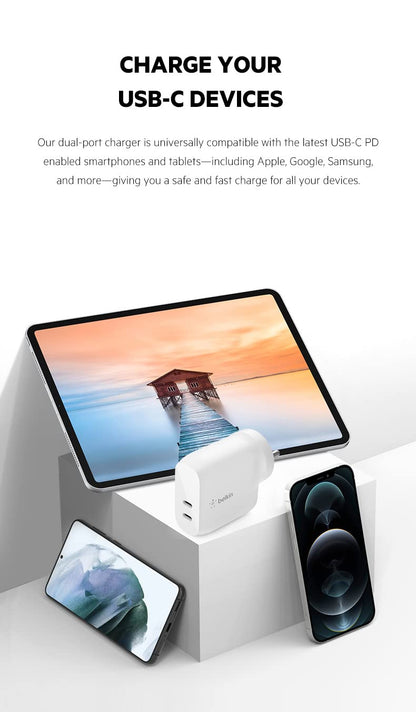 Belkin 40W Dual Port USB-C Wall Charger/Adapter, Fast Charging for iPhone 15, 14, 13, 12, iPad & Other USB-C Devices(White)