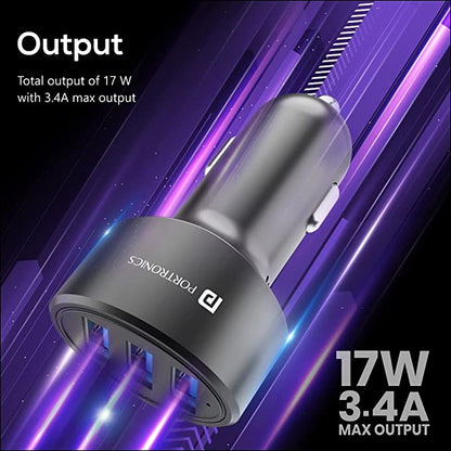 Portronics 12 Car Charger with 17W Total Output, Triple USB Port, 3.4A Compatible with Most Cars(Black)