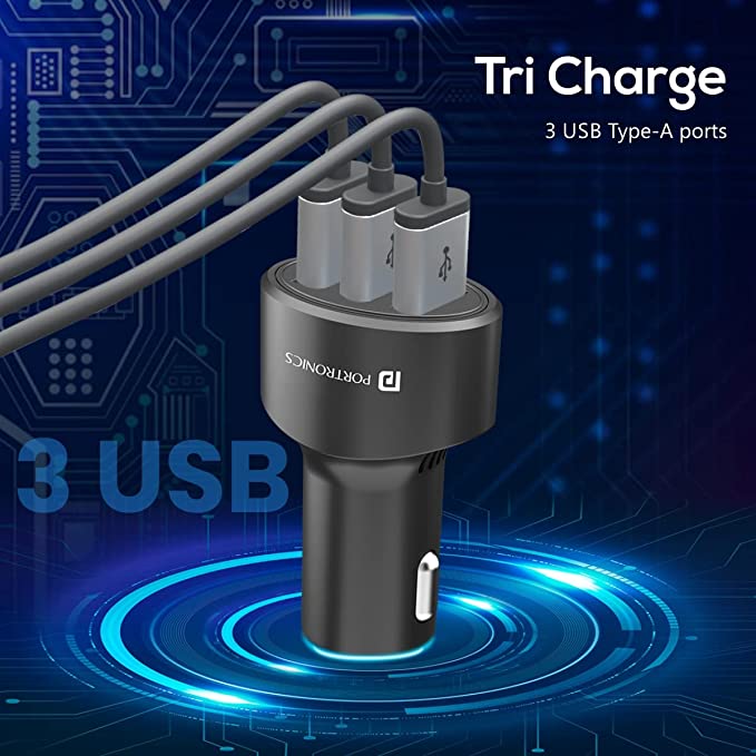 Portronics 12 Car Charger with 17W Total Output, Triple USB Port, 3.4A Compatible with Most Cars(Black)