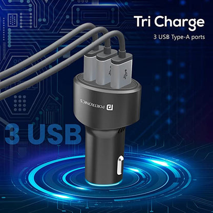 Portronics 12 Car Charger with 17W Total Output, Triple USB Port, 3.4A Compatible with Most Cars(Black)
