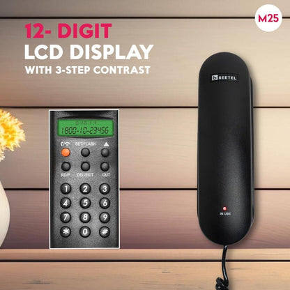 Beetel M25 Ultra Compact Caller ID Slim Line Landline,Numeric Display, Desk/Wall Mounted,12 Digit LCD,FSK/DTMF compatible,Ringer volume control,LED indication (Black )