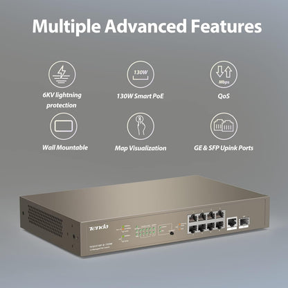 Tenda TEG5310P L3 Gigabit Managed PoE Switch, 10-Port Enterprise Switch with 8 x PoE+ 150W, 1 x GE Port & 1 x SFP Port, Smart PoE Power Supply, Flexible QoS/ IGMP/ ACL/ ARP/ DHCP Snooping