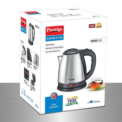 Prestige 1.5 Litres Electric Kettle (PKOSS 1.5)|1500W | Automatic Cut-off | Stainless Steel | Rotatable Base | Power Indicator | Single-Touch Lid Locking| Silver - Black