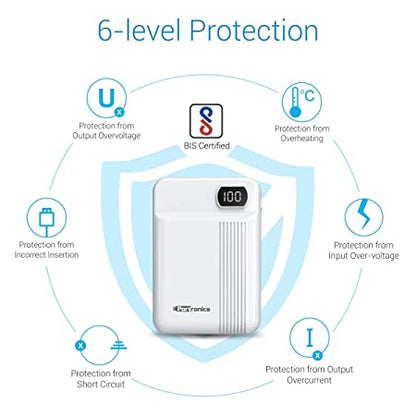 Portronics Indo 10D 10,000 mAh Power Bank Dual Input(Type C + Micro USB) and Dual Output with Display (White)