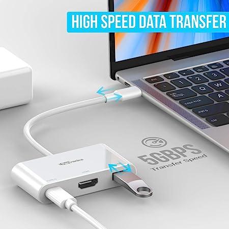 Portronics C-Konnect Type C to HDMI Adapter(3-in-1),Multiport 100W PD Charging Port for Laptop,MacBook(White)