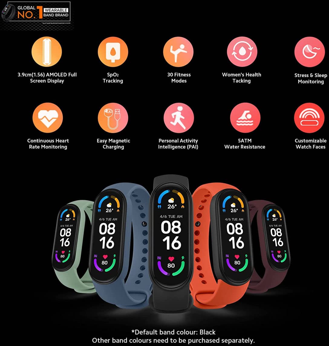 Mi Smart Band 6 - AMOLED Display, 30 Fitness Modes, SpO2 & HR Monitoring (Black)