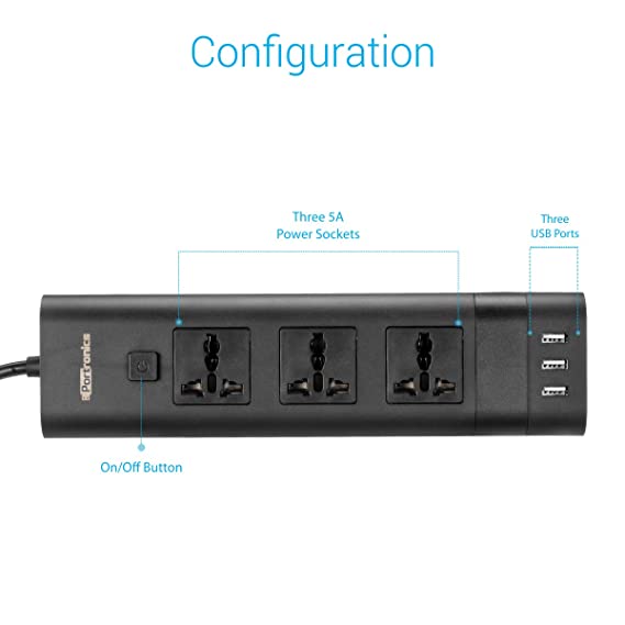 Portronics POR-1347 5A 5 Volts 2500 Watts Electrical Universal Sockets and 3 USB Ports Power Plate II (Black)