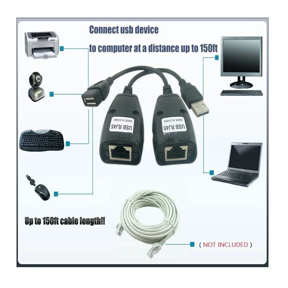 USB RJ45 Extension Adapter Up to 150 Ft Length (Black)