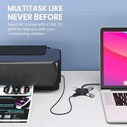 Portronics Mport 4C USB Hub (4-in-1) with 4 x USB 2.0 Ports, 1.2M Long Cable and up to 480 Mbps High-Data Transfer Speeds (Black)