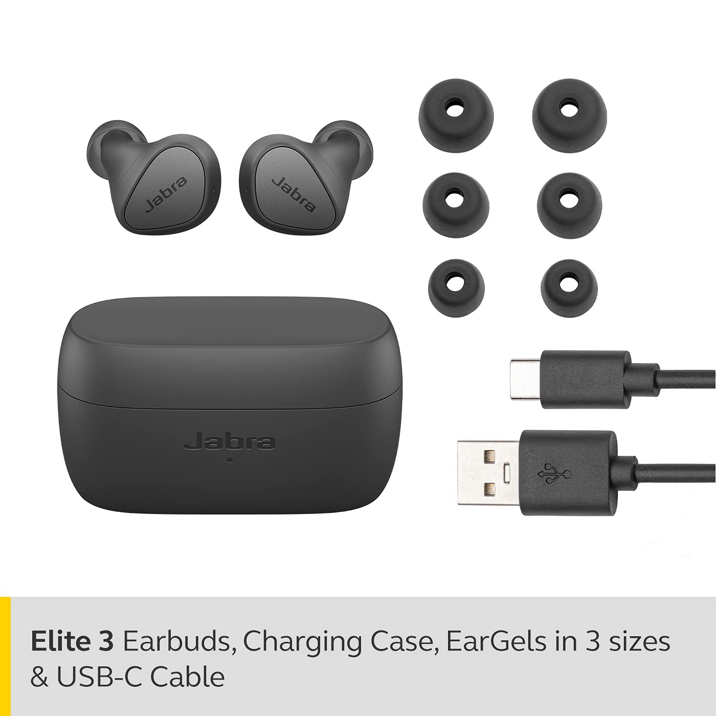 Jabra Elite 3 True Wireless Earbuds - Noise Isolating, 4 Mics, 28H Battery, Fast Charging, Rich Bass (Dark Grey)